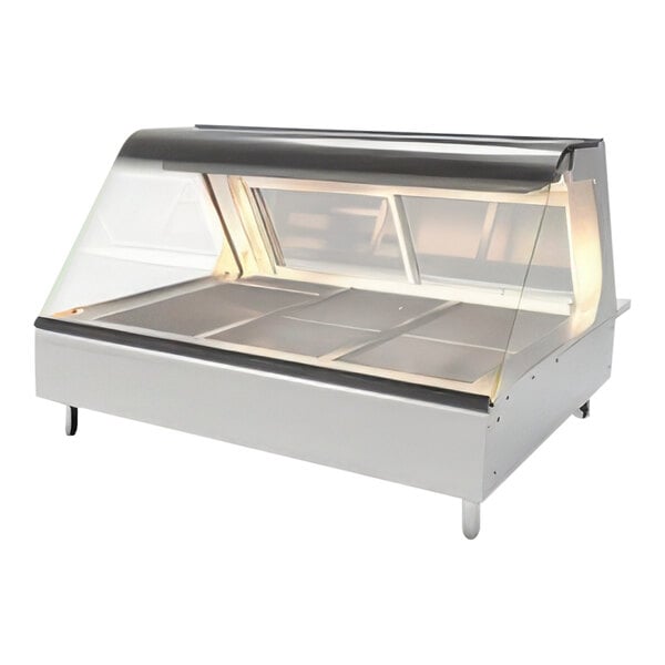 A stainless steel full-serve hot food merchandiser with three wells and a glass display case.