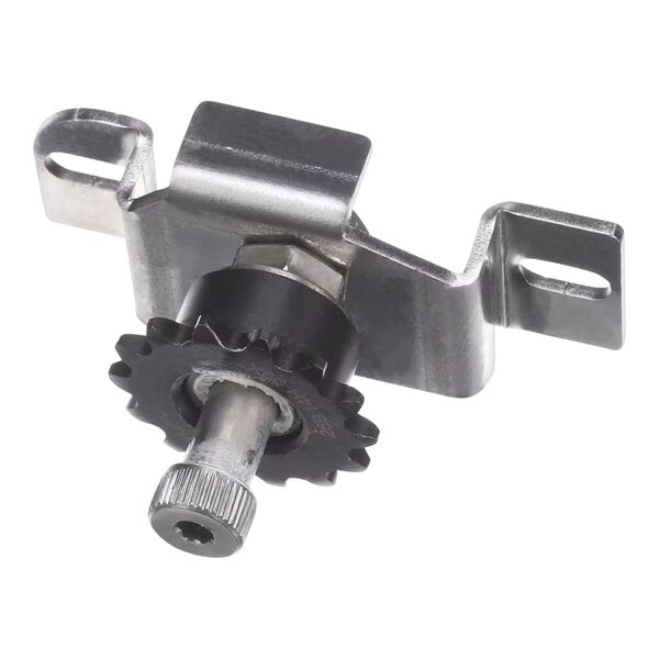 A metal gear with a black gear on top and a screw.