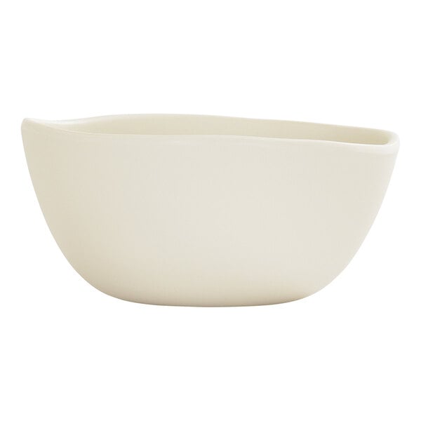 A cream-colored melamine soup bowl with a smooth, slightly irregular shape.