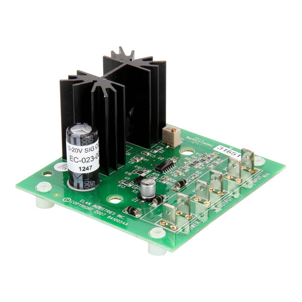 A green circuit board for a Middleby Marshall 31651 Conveyor Oven Amplifier with black and metal components.