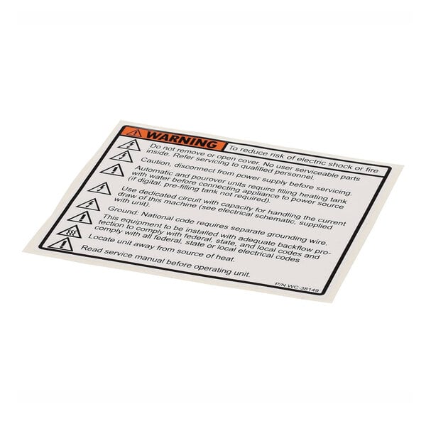 A white Wilbur Curtis Universal Warning label with black and orange text.