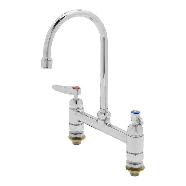 A chrome T&S deck-mounted faucet with lever handles.