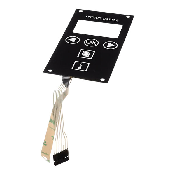 A black rectangular Prince Castle membrane switch overlay with white buttons.