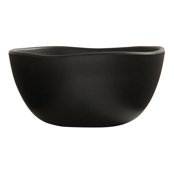 A black melamine soup bowl with a slightly irregular rim.