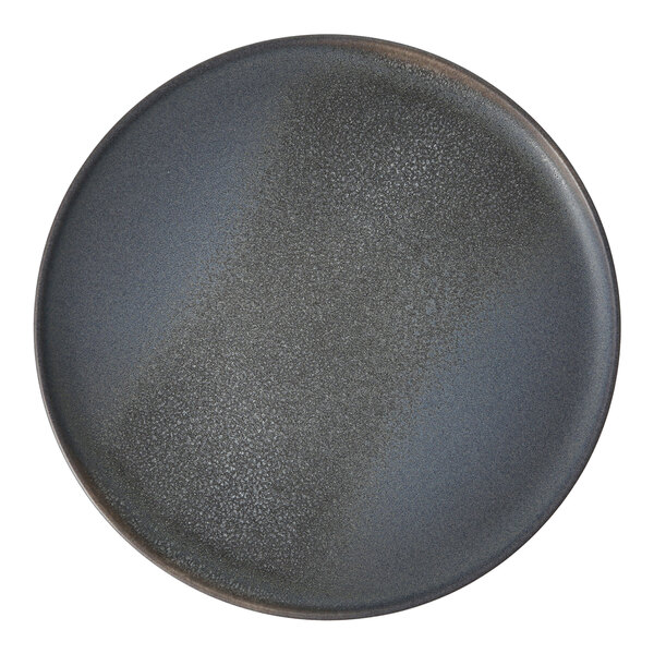 A Cloud Terre by Fortessa Iceland volcanic gray stoneware dinner plate with a speckled surface.