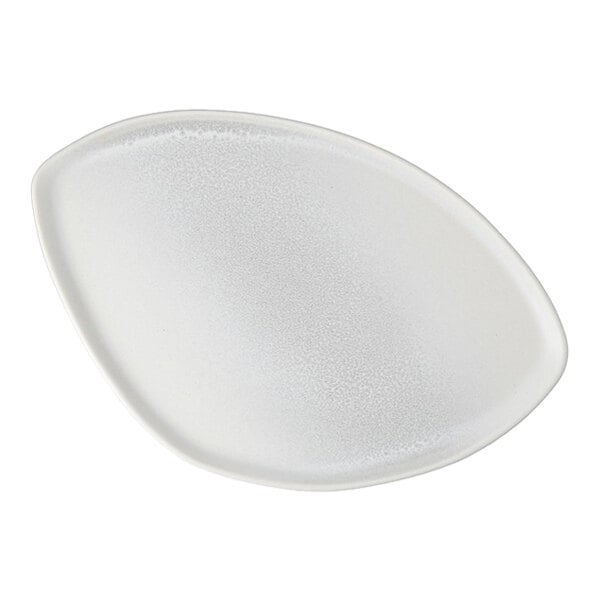 A white triangular coupe platter with a speckled surface.