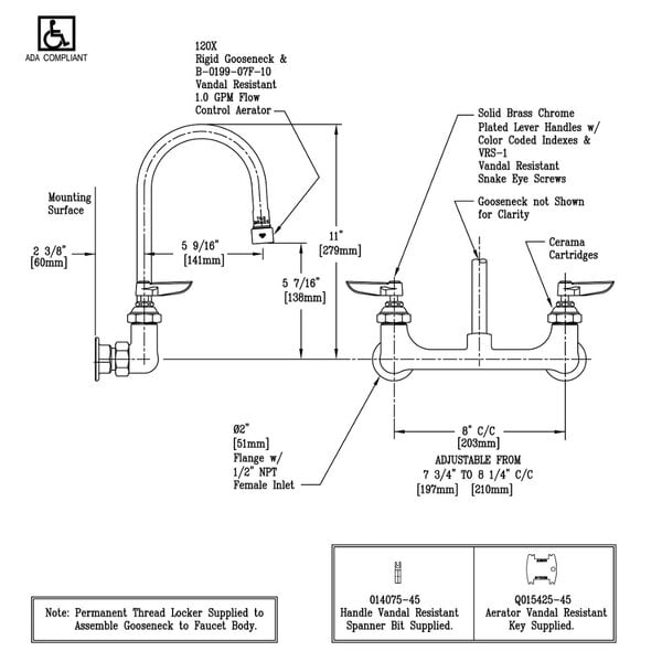 A diagram of a T&S wall mount faucet with measurements and instructions.