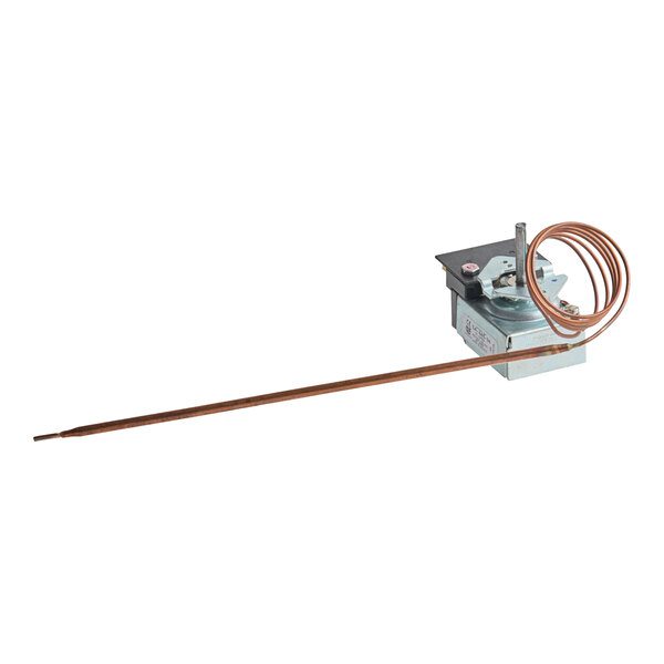 A metal thermostat device with a long, coiled copper tube attached to a rectangular metal housing.