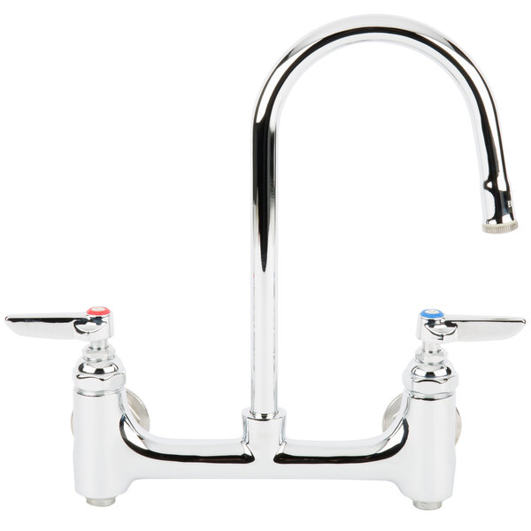 A silver T&S wall mount faucet with two handles and a gooseneck spout.