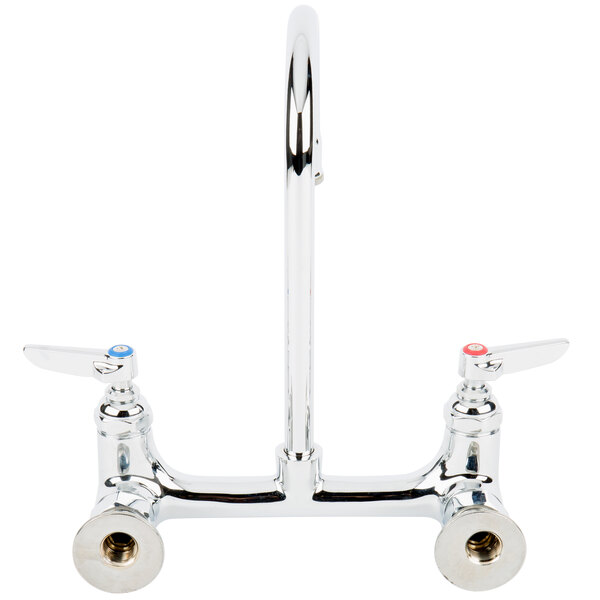 A chrome T&S wall mount faucet with two handles and gooseneck.