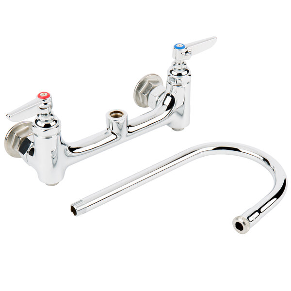 A T&S chrome wall mount faucet with gooseneck and two handles.