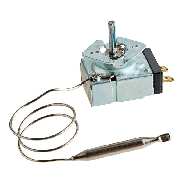 A metallic thermostat device with a coiled sensor tube and a protruding adjustment shaft.