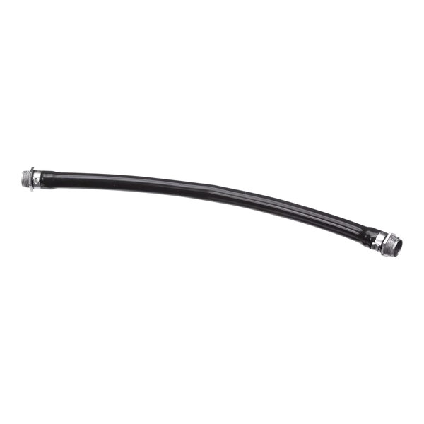 A black flexible conduit with silver metal fittings on the ends.