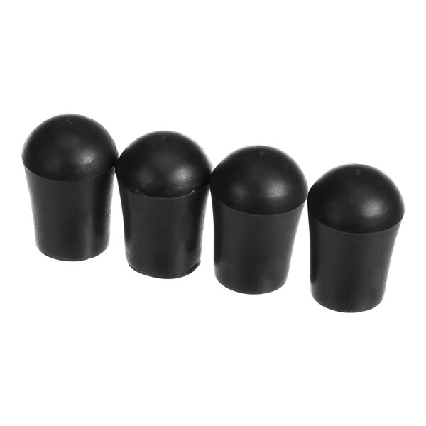 A row of 4 black rubber caps with a round top.