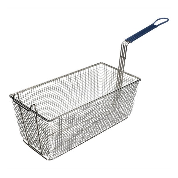 An Ultrafryer Systems stainless steel wire fryer basket with a blue handle.