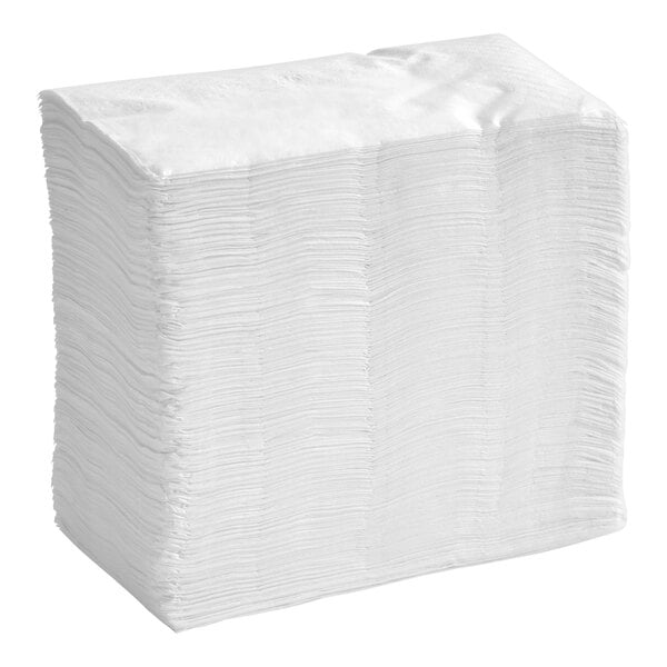 A large stack of white 1-ply dinner napkins.