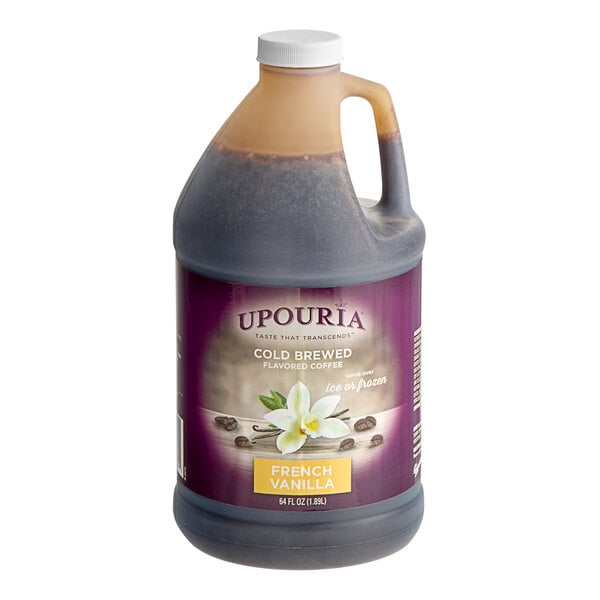 A plastic jug of UPOURIA French Vanilla Cold Brew Frozen Coffee Concentrate with a label.