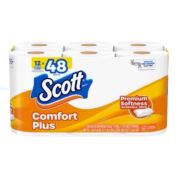 A box of 48 Scott ComfortPlus 1-ply mega toilet paper rolls.