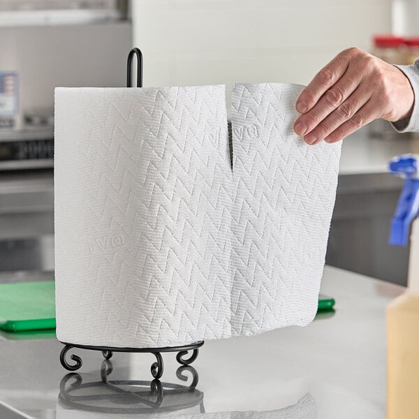 A hand holding a roll of Viva Multi-Surface cloth paper towels.