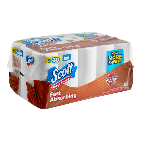 A case of Scott® Choose-a-Sheet Paper Towel Rolls on a grocery store shelf.