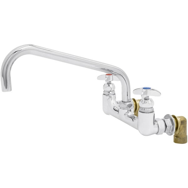 A chrome T&S wall mount faucet with two handles and a swing nozzle.