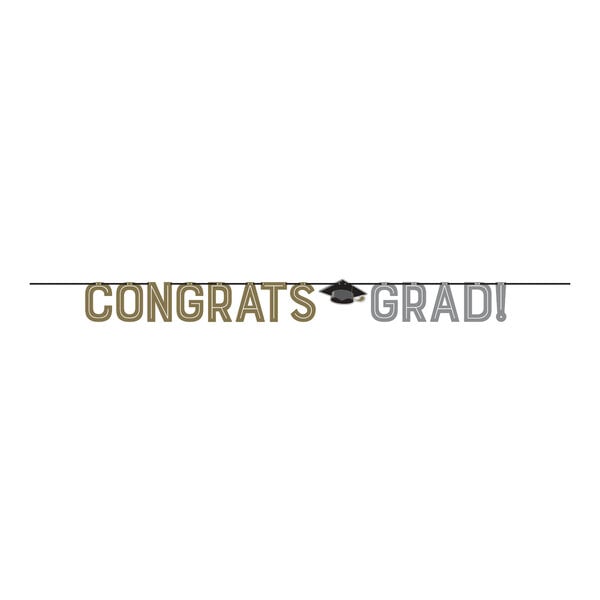 A white banner with gold and black text reading "congratulations grad" and black and gold ribbons.