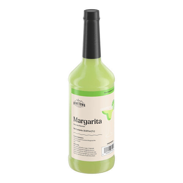 A 1-liter bottle of Hometown Provisions Margarita Mix with a green liquid and a black cap.