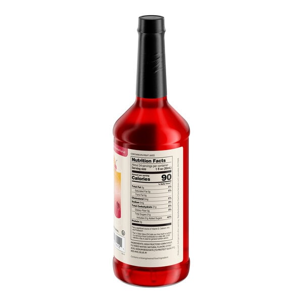A 1-liter bottle of Hometown Provisions Grenadine Syrup with a red liquid and a black cap.