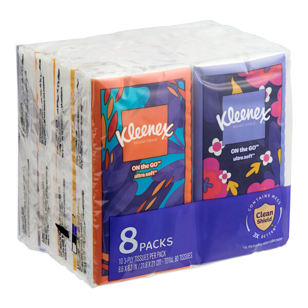 A package of Kleenex On-the-Go Ultra-Soft 3-ply facial tissue pocket packs.