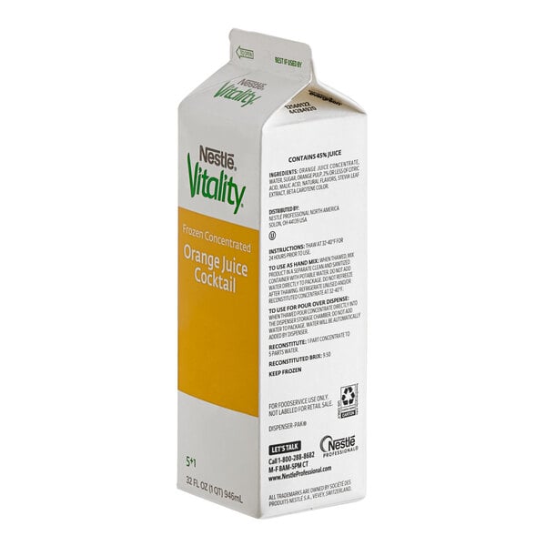 A white carton of Nestle Vitality Orange Juice concentrate.