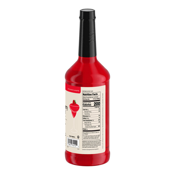 A red bottle with a black cap, featuring a nutrition facts label and an illustration of a strawberry cocktail on the side.