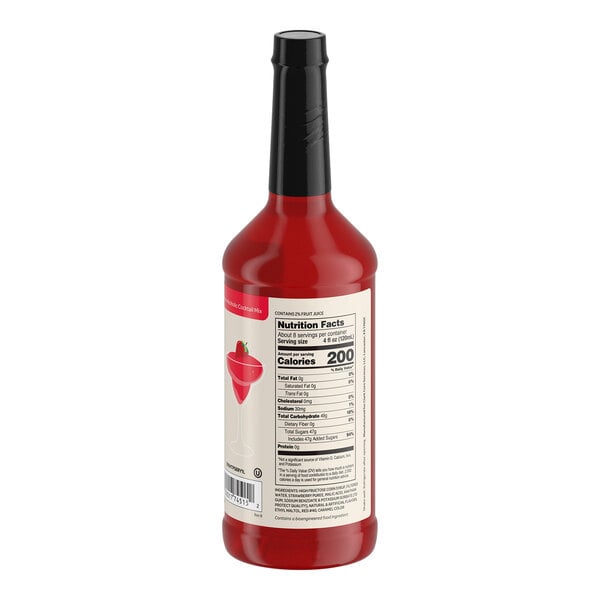 A red bottle with a black cap, featuring a nutrition facts label and an image of a strawberry cocktail on the back.
