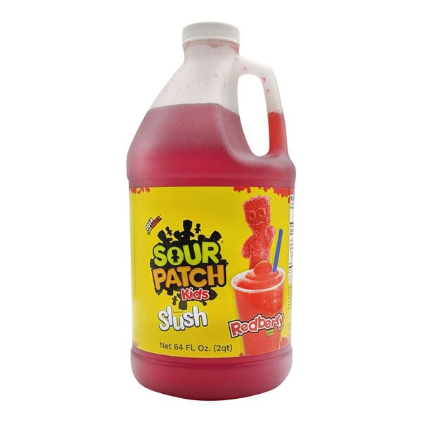 A white jug of SOUR PATCH KIDS REDBERRY slushy concentrate.