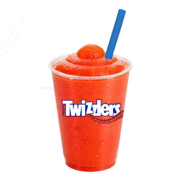 A red strawberry slushy with a blue straw.