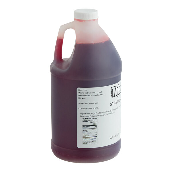 A half-gallon jug of TWIZZLERS Strawberry Slushy concentrate with a white cap and label.