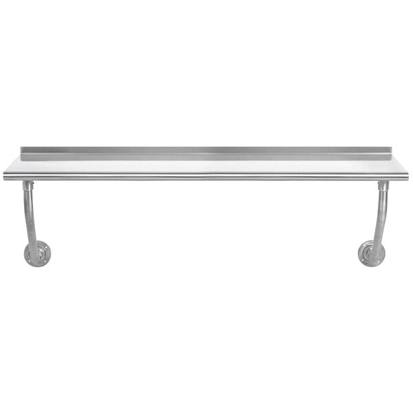 An Advance Tabco stainless steel wall mounted table with a long metal shelf.