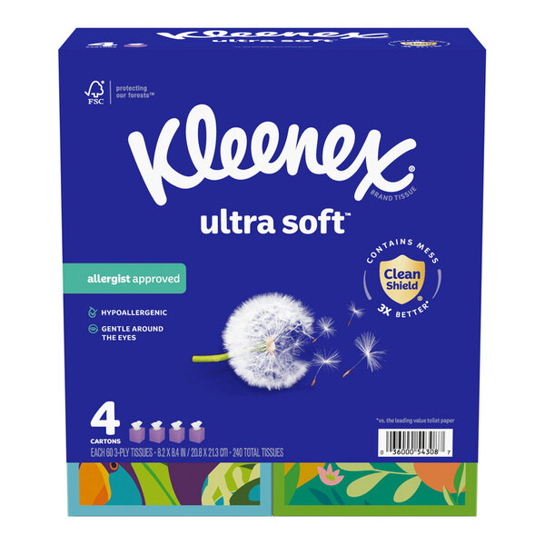 A case of 48 Kleenex Ultra Soft 3-ply facial tissue cubes.