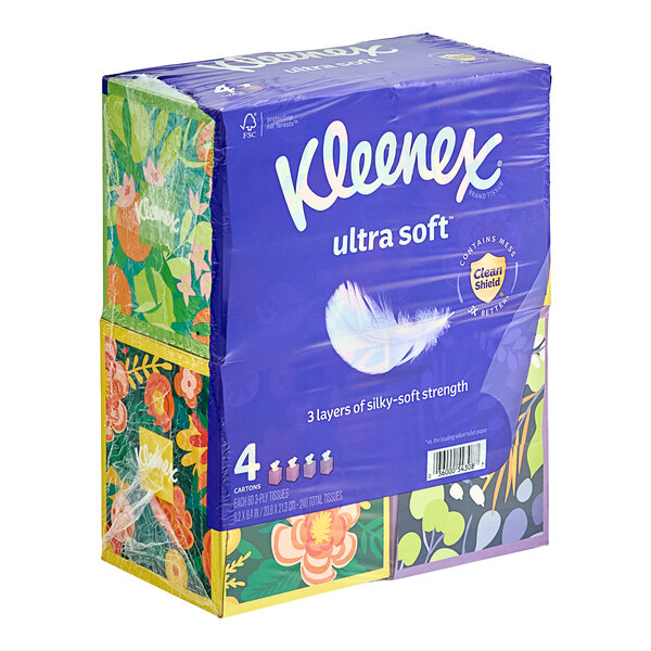 A case of 48 Kleenex Ultra Soft 3-ply facial tissue cubes.