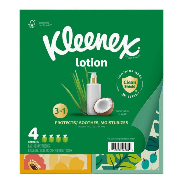 A package of 32 Kleenex Lotion facial tissue cubes with coconut oil and aloe.