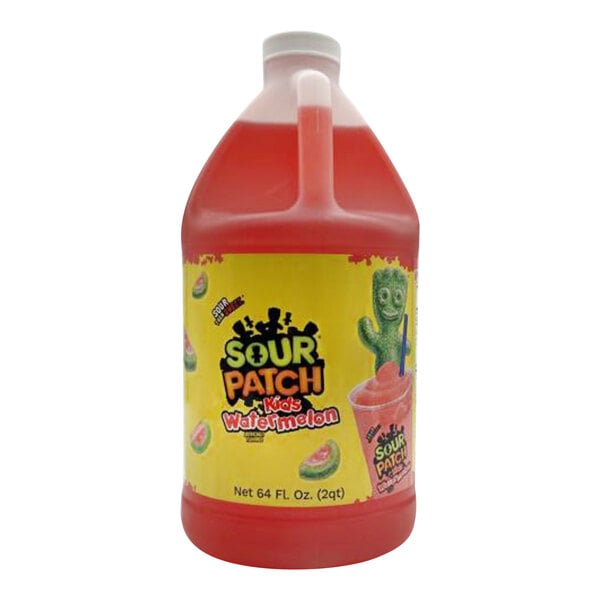 A plastic jug with a yellow label filled with SOUR PATCH KIDS Watermelon Slushy concentrate.