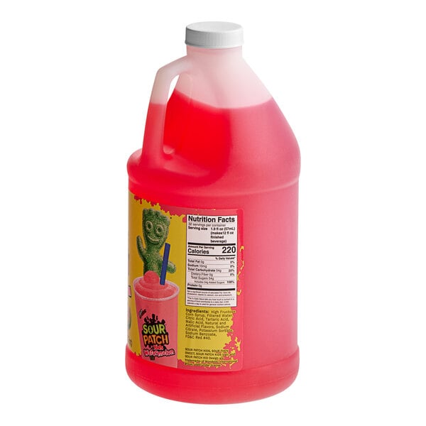 A plastic jug of SOUR PATCH KIDS Watermelon slushy concentrate.