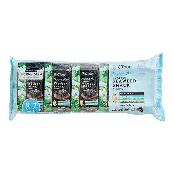 A close up of a package of O'Food Sesame Oil Roasted Seaweed Snacks.