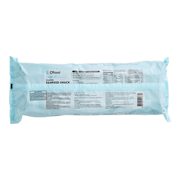 A close-up of a blue and white O'Food sesame seaweed snack bag.