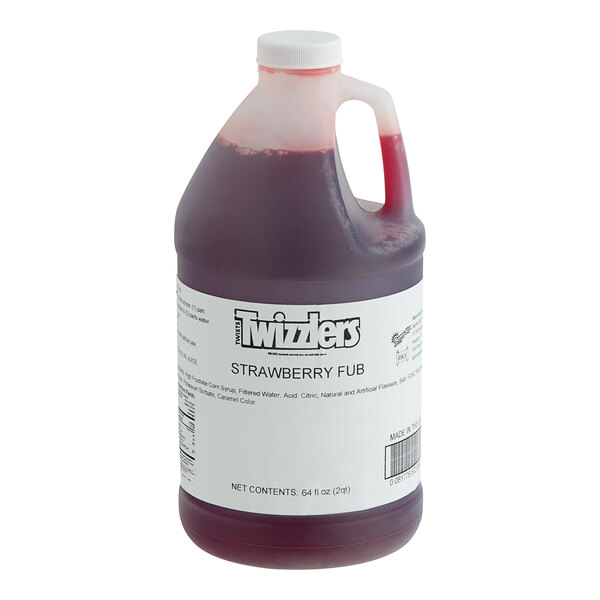A half-gallon jug of TWIZZLERS Strawberry Slushy 5:1 concentrate with a white label and red liquid inside.