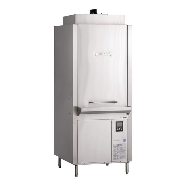 A commercial high-temperature ventless lift-door pot, pan, and utensil washer with a stainless steel exterior and digital control panel.