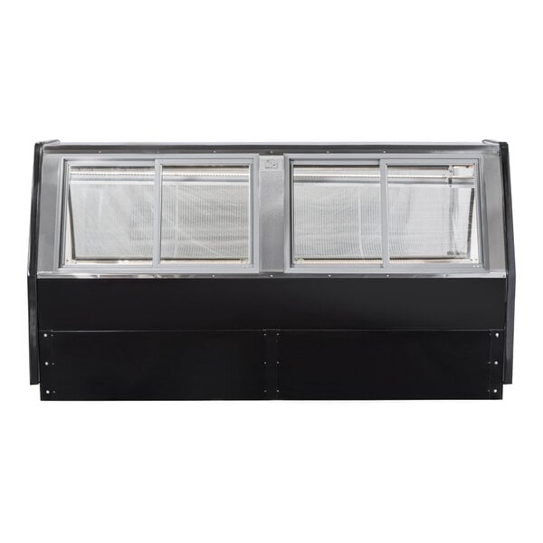 A black Howard McCray curved glass refrigerated meat case with silver trim and two doors on the end.