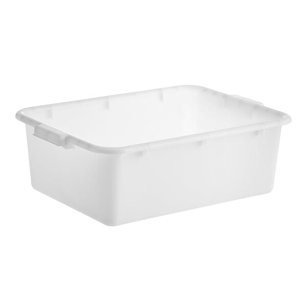 A white polypropylene bus tub or food storage box with handles on the sides.