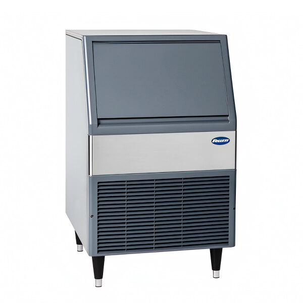 A grey and white Follett Maestro Plus undercounter ice machine.