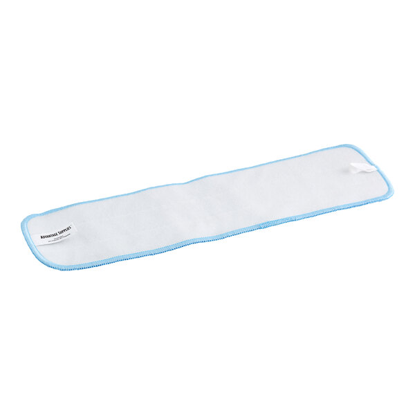 A blue and white Advantage Supplies microfiber mop pad with hook and loop backing.