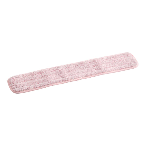 A pink microfiber mop pad with white hook and loop backing.